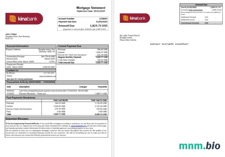 Papua Nowa Gwinea Kina Securities Limited wyciąg z kredytu hipotecznego w formatach Word i PDF